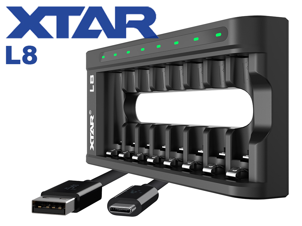 Xtar L8 mit 8 Ladeschächte für 1,5V Li-Ionen und 1,2V NiMH Akkus AA / AAA