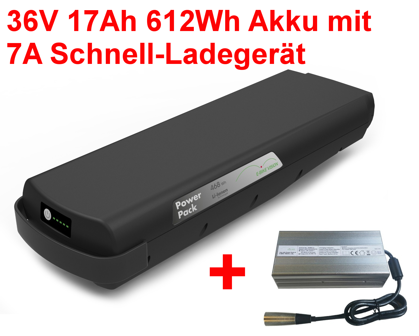 E-Bike Akku für Bosch Gepäckträger 36V 17Ah + 6A Ladegerät