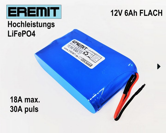 25088_0BRk9f6Bsg6HEr EREMIT 12V 6Ah F1x4 LiFePo4 Akku flach mit BMS Power Pole Stecker