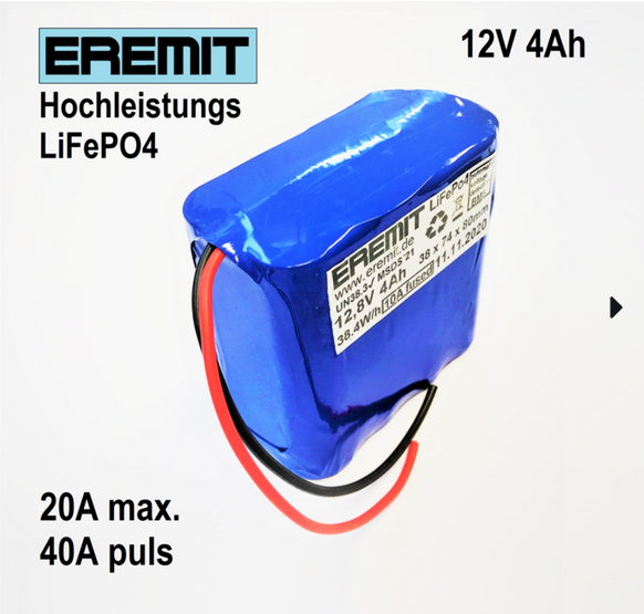 25076_0QcsAWGLIRKI70 EREMIT 12V 4Ah F2x4 LiFePo4 Akku mit BMS XT-60 Stecker