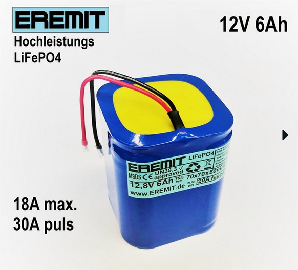 25104_0OXaBeddMfmvNY EREMIT 12V 6Ah F2x2 LiFePo4 Akku mit BMS und JST-SM 2.54mm Stecker